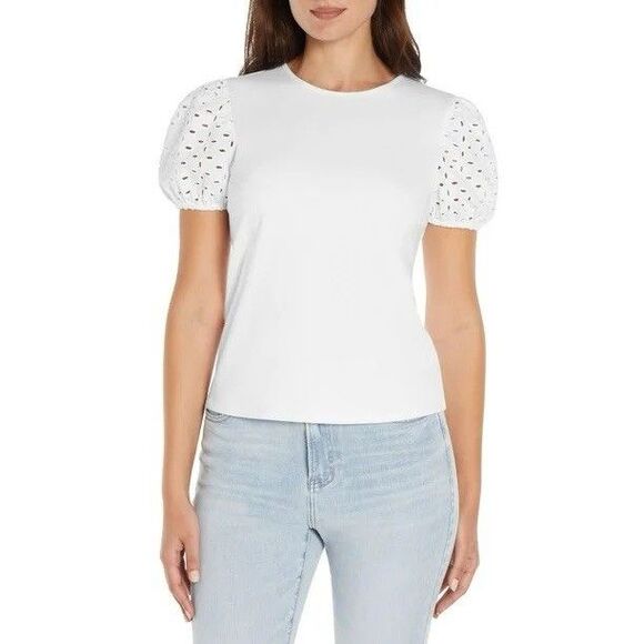 New Express Women's Spring Top Size Small White Puff Lace Sleeves - Picture 8 of 8